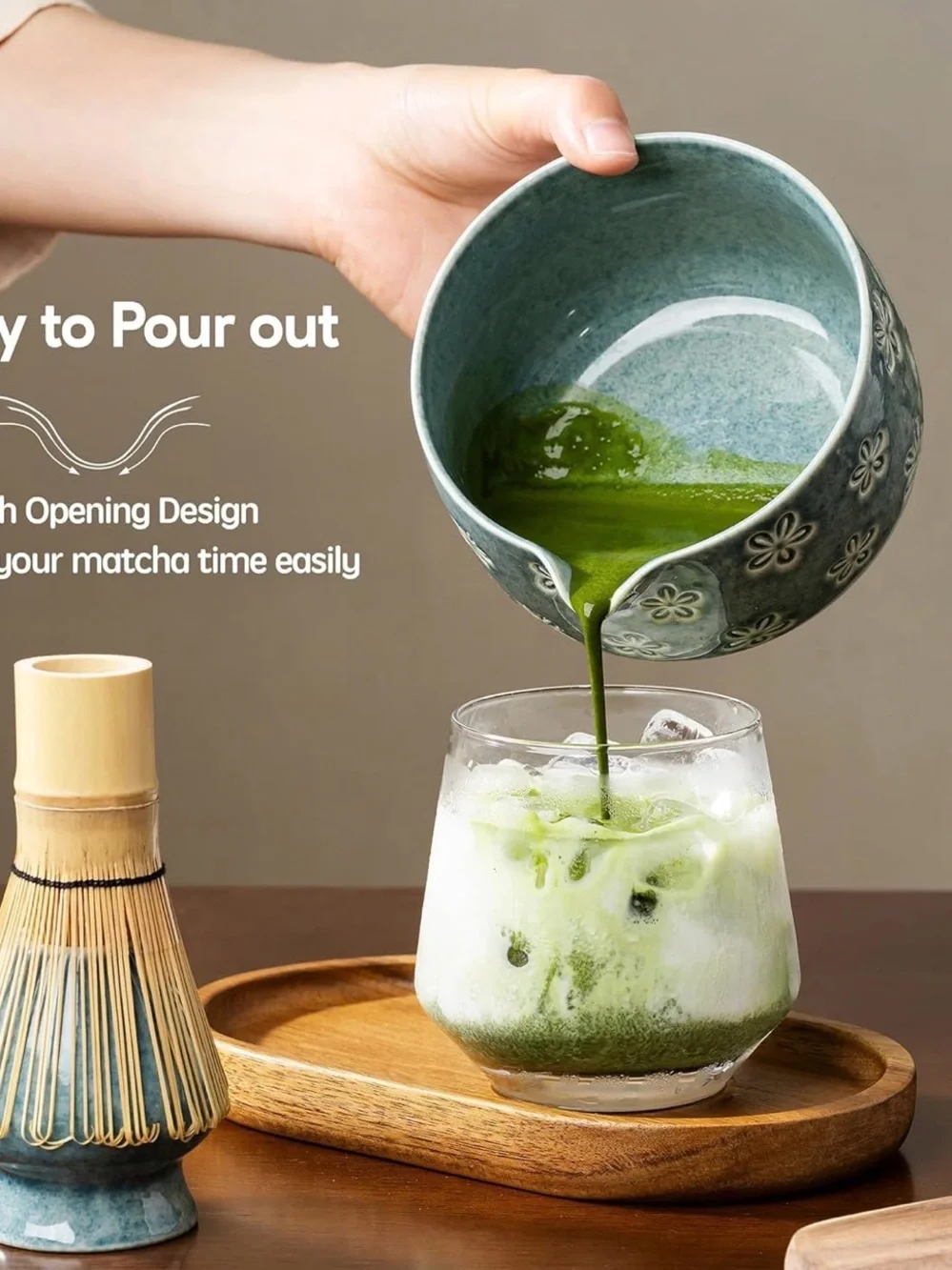 Blue Floral Ceramic Matcha Bowl Set NEW